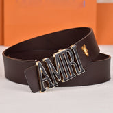 Amiri Belt dark brown plain texture Golden deer logo